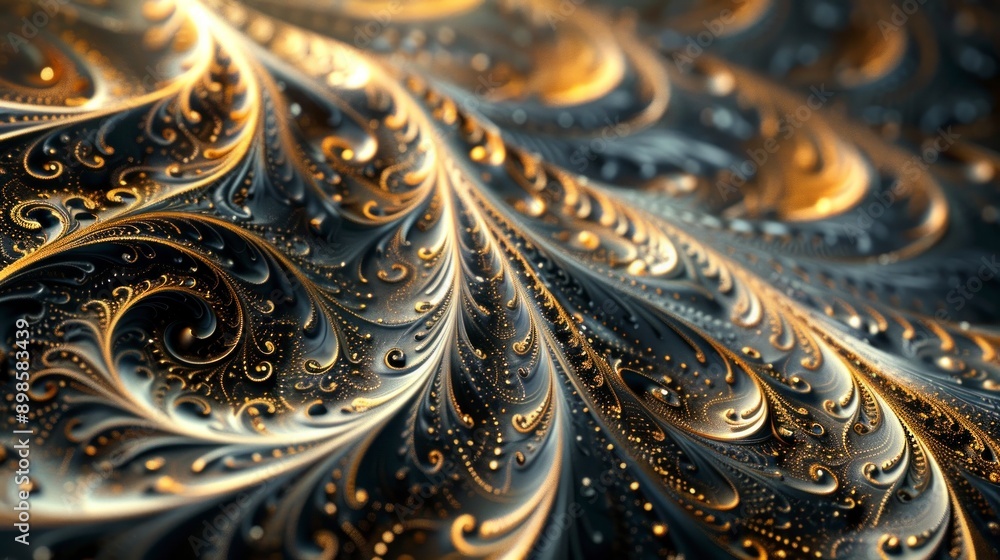 Intricate abstract patterns in gold and silver against a dark background. Intricate abstract patterns in gold and silver against a dark background.