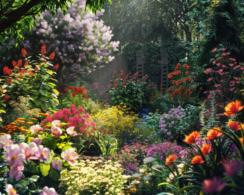 A vibrant, lush garden bursting with colorful flowers and greenery bathed in warm sunlight. A vibrant, lush garden bursting with colorful flowers and greenery bathed in warm sunlight.