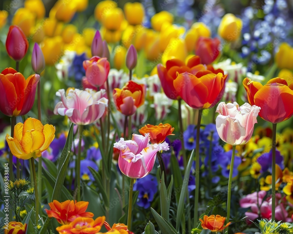A vibrant field of tulips in various shades of red, yellow, pink and white. A vibrant field of tulips in various shades of red, yellow, pink and white.