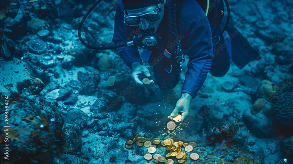 Underwater diver treasure hunter discovering old sunken treasure Underwater diver treasure hunter discovering old sunken treasure
