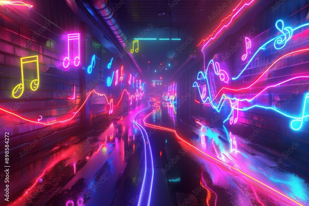 A vibrant, neon-lit tunnel pulsates with music notes and glowing lines. A vibrant, neon-lit tunnel pulsates with music notes and glowing lines.
