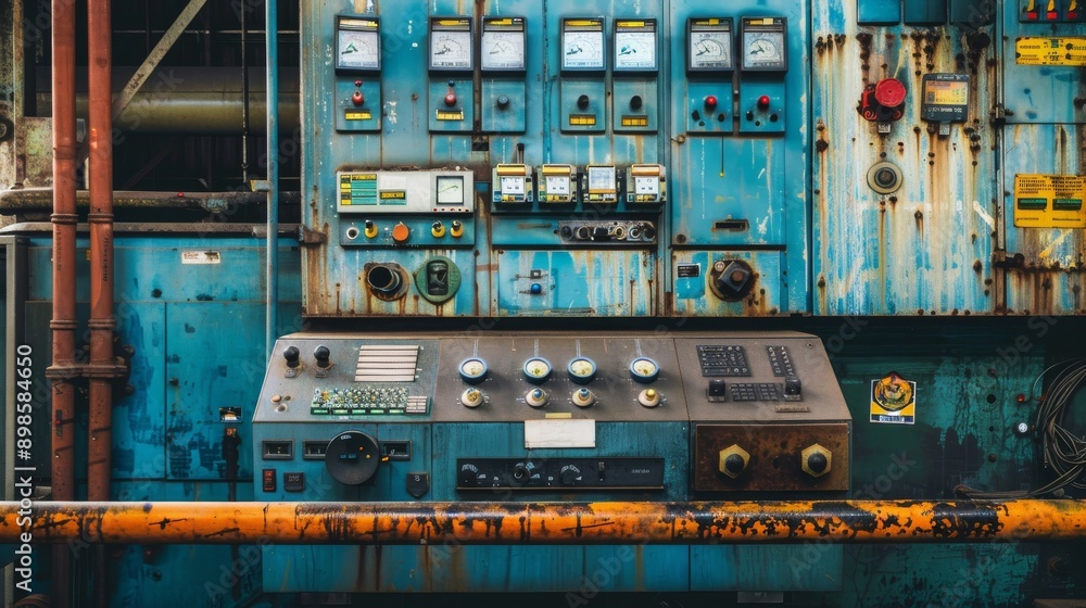 A weathered blue control panel with gauges, buttons, and switches. The panel is covered in rust and dirt. The image evokes a sense of age and industry. A weathered blue control panel with gauges, buttons, and switches. The panel is covered in rust and dirt. The image evokes a sense of age and industry.