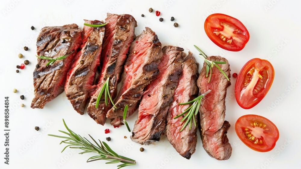 Top-down view of grilled sliced beef steak with tomatoes and rosemary, isolated on white background, great for meal presentations Top-down view of grilled sliced beef steak with tomatoes and rosemary, isolated on white background, great for meal presentations