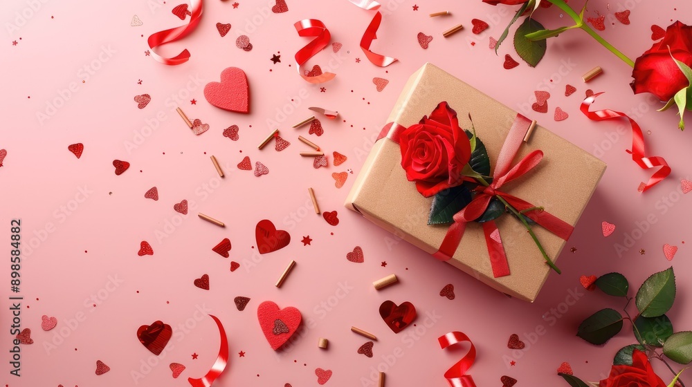 Valentine's Day magic: top view of gift box, red roses, and heart-shaped confetti on pastel pink, perfect for heartfelt sentiments Valentine's Day magic: top view of gift box, red roses, and heart-shaped confetti on pastel pink, perfect for heartfelt sentiments