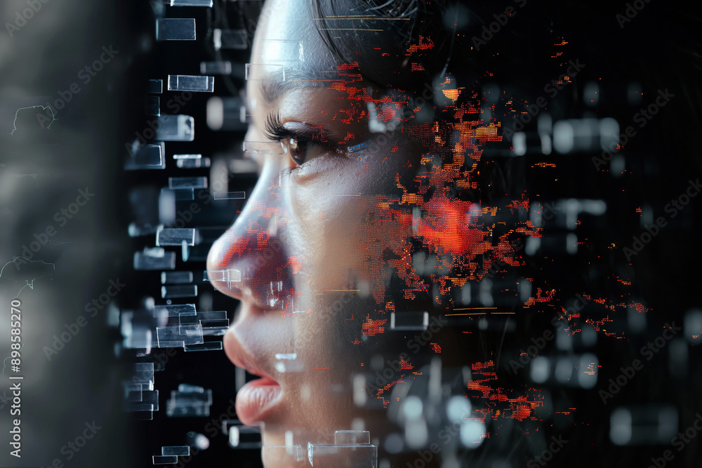 A person's identity fragmented into digital pixels, illustration of deepfake concept. A person's identity fragmented into digital pixels, illustration of deepfake concept.