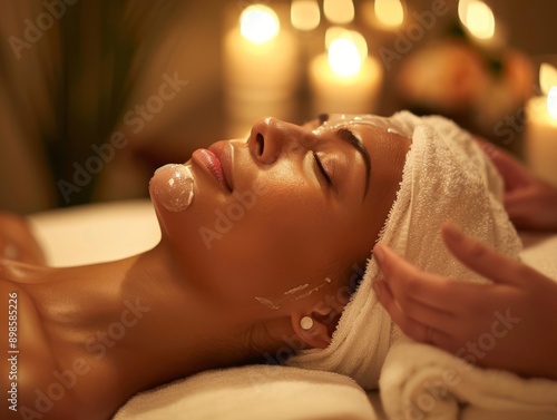 A woman receives a facial treatment at a spa, with a white towel on her head and a relaxing expression.