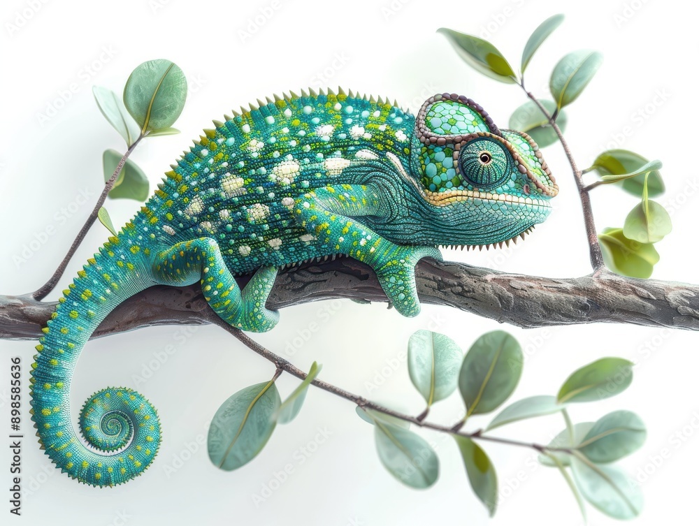 Realistic Green Chameleon on Branch Isolated on Transparent Background