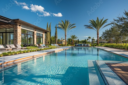 Modern pool with a large deck, lush green grass, palm trees, and seating areas in an open outdoor space for sports and socializing, under a clear blue sky with few clouds © JIALU