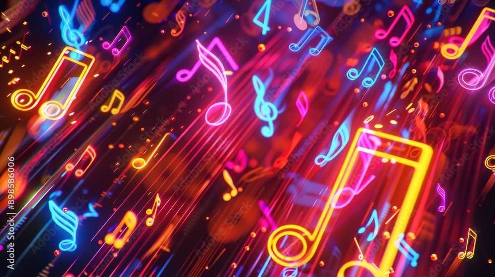 Abstract background with colorful neon music notes and glowing lines. Vibrant and energetic, perfect for music and entertainment themes. Abstract background with colorful neon music notes and glowing lines. Vibrant and energetic, perfect for music and entertainment themes.