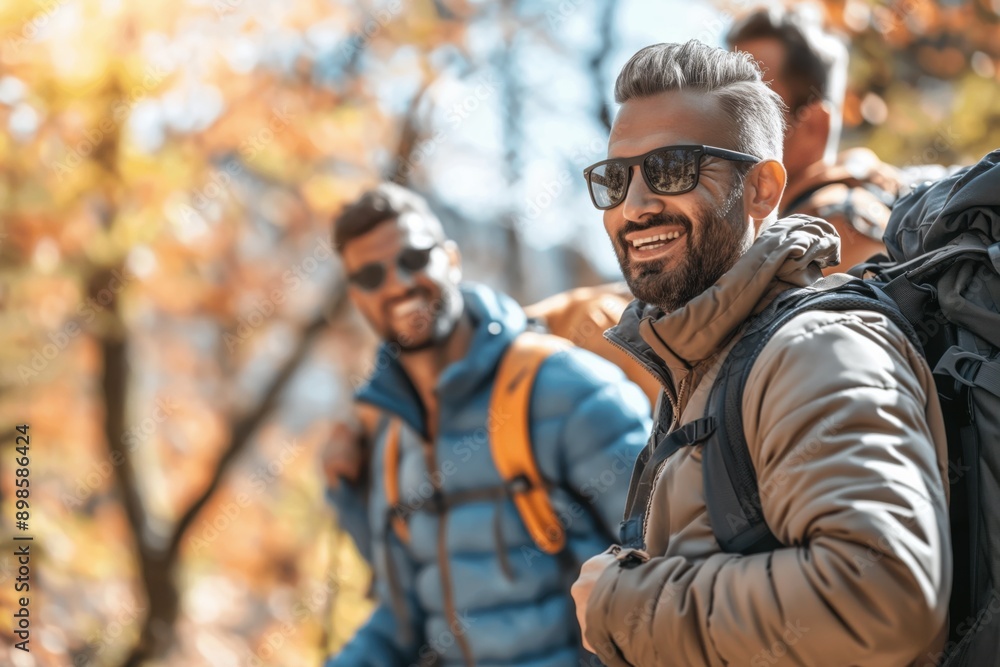 Photo of a group of friends hiking on a nature trail, smiling and laughing. Hiking and outdoor adventure concept. Photo of a group of friends hiking on a nature trail, smiling and laughing. Hiking and outdoor adventure concept.