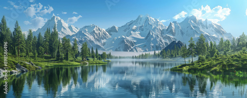 A serene mountain lake backdrop with still waters, surrounding peaks, and a clear reflection, perfect for a peaceful and natural setting.