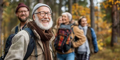 Photo of a group of friends hiking on a nature trail, smiling and laughing. Hiking and outdoor adventure concept. 