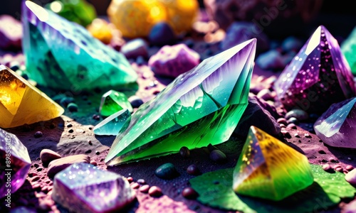 collection of colorful, multicolored gemstones and crystals, possibly arranged on a surface or in a display.