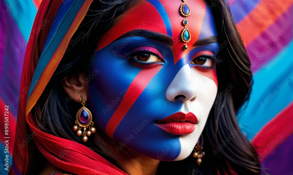 close-up of a woman's face with face paint, featuring a striking combination of red, blue, and white colors. close-up of a woman's face with face paint, featuring a striking combination of red, blue, and white colors.