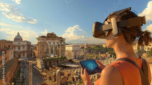 virtual reality tourism experience of ancient rome with ai tour guide photo