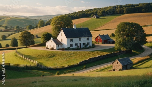 environment, A peaceful scene in a rural setting with a white and red barn surrounded by lush green fields under the clear blue sky.