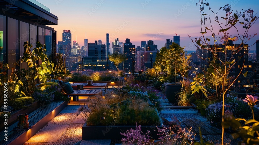 Fototapeta premium Rooftop garden at dusk, urban oasis, city lights in the background