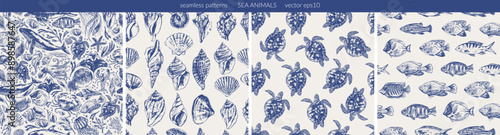 Vector sea animals seamless pattern set. Sea life background in blue color with whale, dolphin, octopus, crab, seahorse, sea turtle, jellyfish, starfish, manta ray,  nautilus, shells.