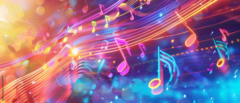 Abstract colorful background with music notes and glowing lines. Abstract colorful background with music notes and glowing lines.