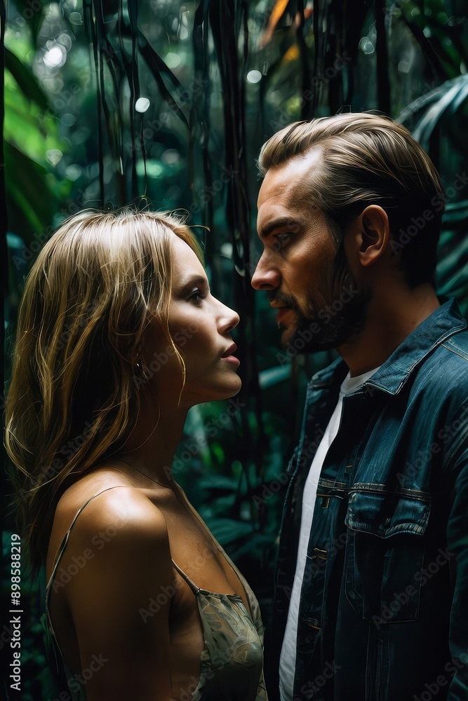 photo of woman and man talking each other in the middle of jungle photo of woman and man talking each other in the middle of jungle