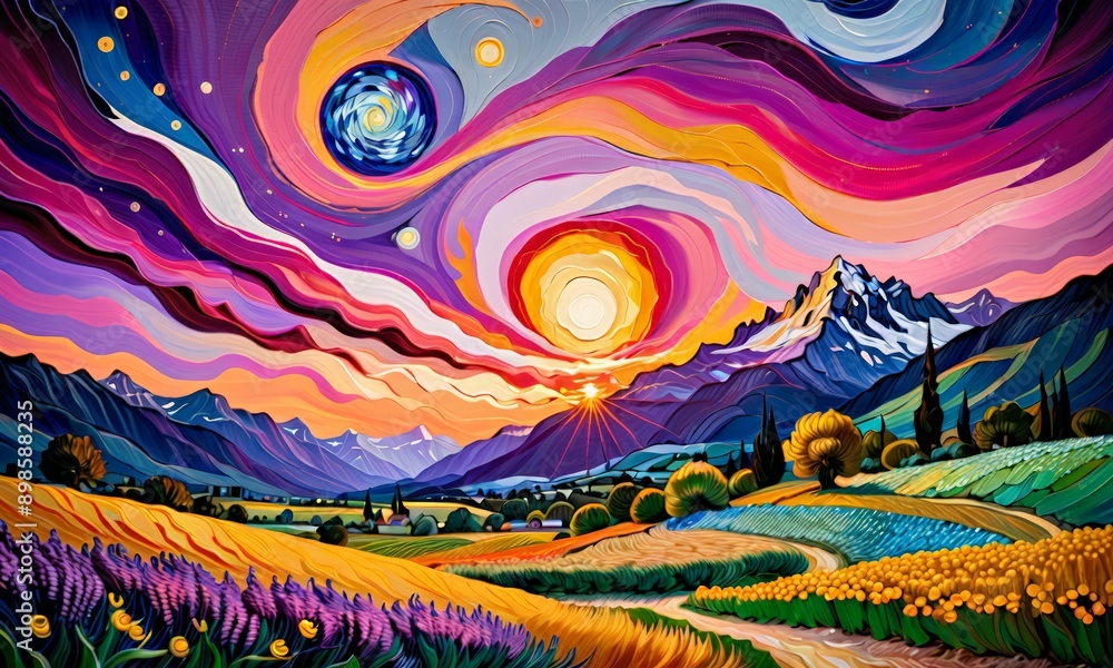painting of a sunset over a mountain range, featuring a colorful and vibrant sky with swirling clouds and a bright sun. painting of a sunset over a mountain range, featuring a colorful and vibrant sky with swirling clouds and a bright sun.