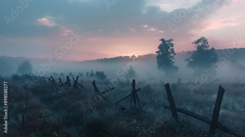 Historic battlefield at dawn, misty, echoes of the past lingering photo