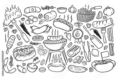 Sausage doodle, sausage barbecue drawing