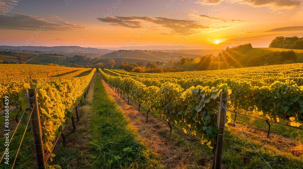 Fototapeta premium Sunset over a vineyard, rows of grapes, harvest season ambiance