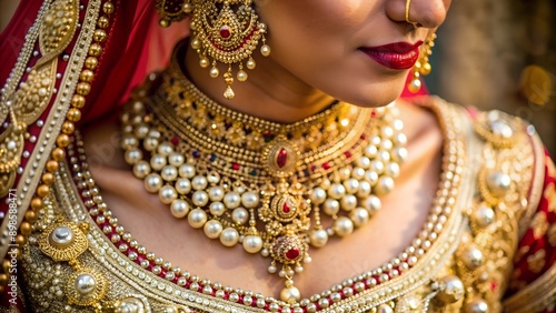 Indian bride's wedding jewelry close up © Tekin