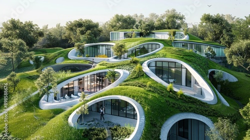 Eco  friendly city, green roofs, sustainable living, future urban life photo