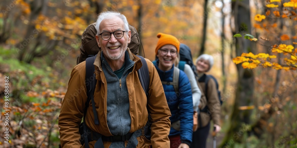 Photo of a group of friends hiking on a nature trail, smiling and laughing. Hiking and outdoor adventure concept. Photo of a group of friends hiking on a nature trail, smiling and laughing. Hiking and outdoor adventure concept.