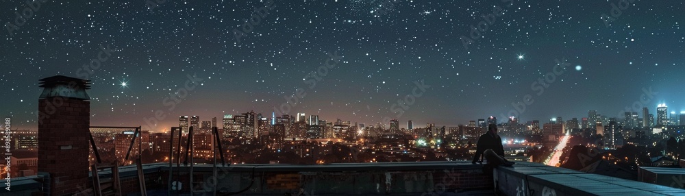 Obraz premium Rooftop astronomy, cityscape backdrop, exploring the cosmos above