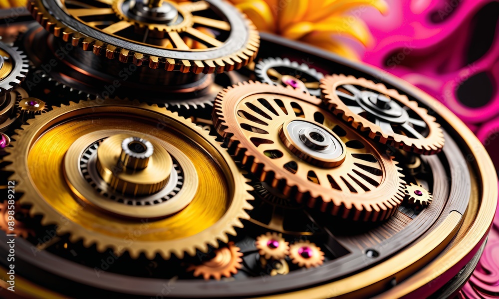 close-up view of a complex mechanical device with numerous gears and cogs, which appear to be part of a clock mechanism. close-up view of a complex mechanical device with numerous gears and cogs, which appear to be part of a clock mechanism.