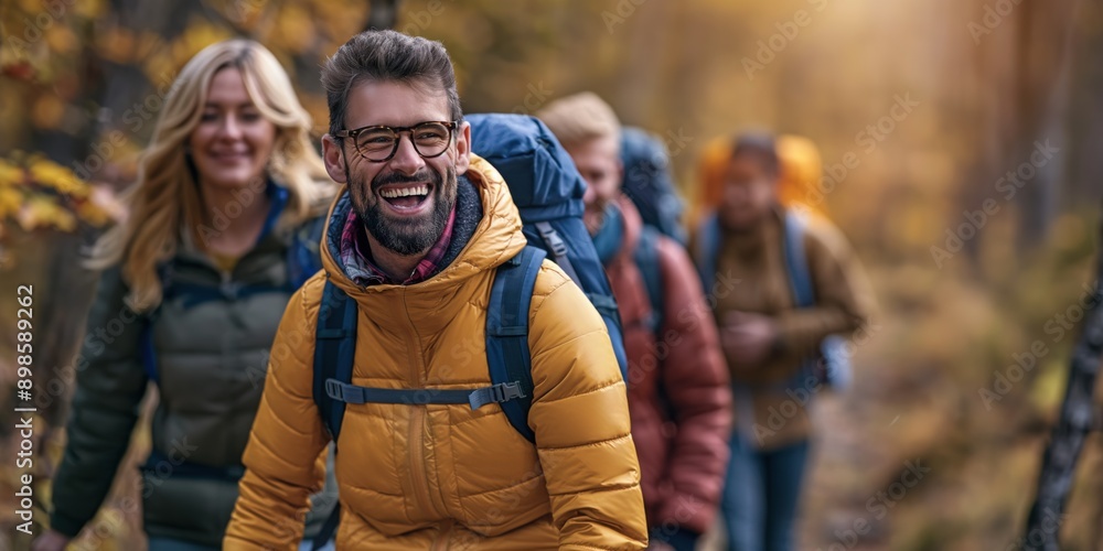Photo of a group of friends hiking on a nature trail, smiling and laughing. Hiking and outdoor adventure concept. Photo of a group of friends hiking on a nature trail, smiling and laughing. Hiking and outdoor adventure concept.