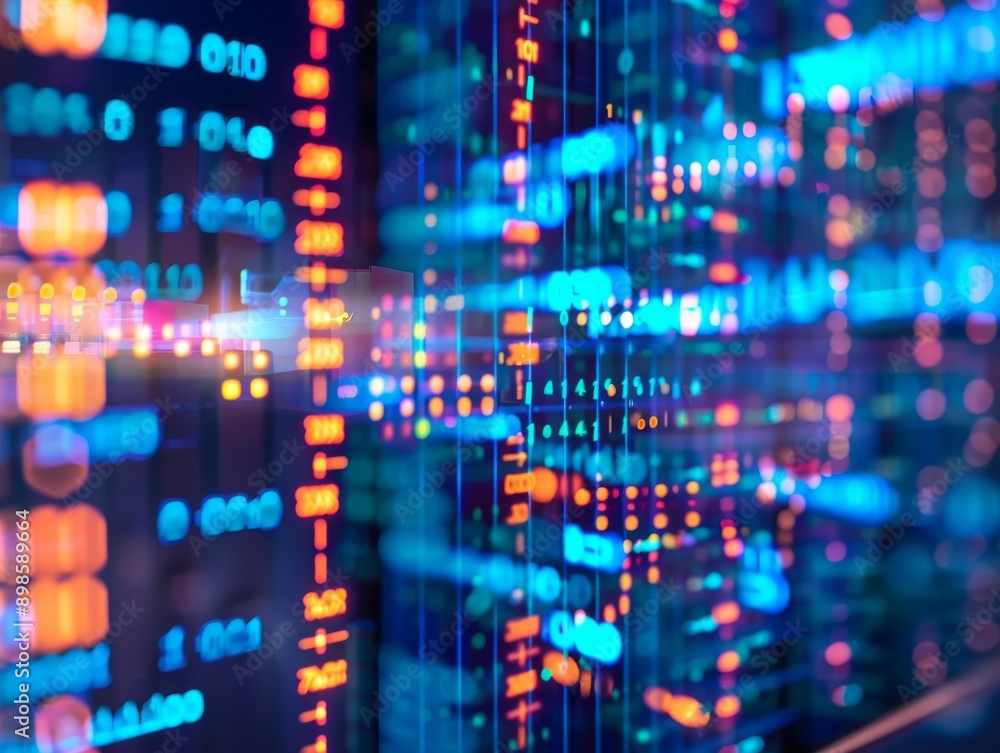 Obraz premium Abstract digital background with colorful binary code and data streams. Perfect for technology and innovation concepts.