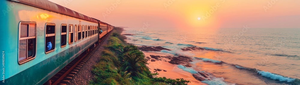 Fototapeta premium Nostalgic train journey, scenic landscapes, the romance of travelSunrise yoga on a serene beach, harmonizing body and nature