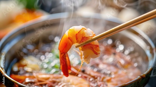 Close-up of chopsticks holding a piece of shrimp over a Shabushi hot pot, ready to cook photo