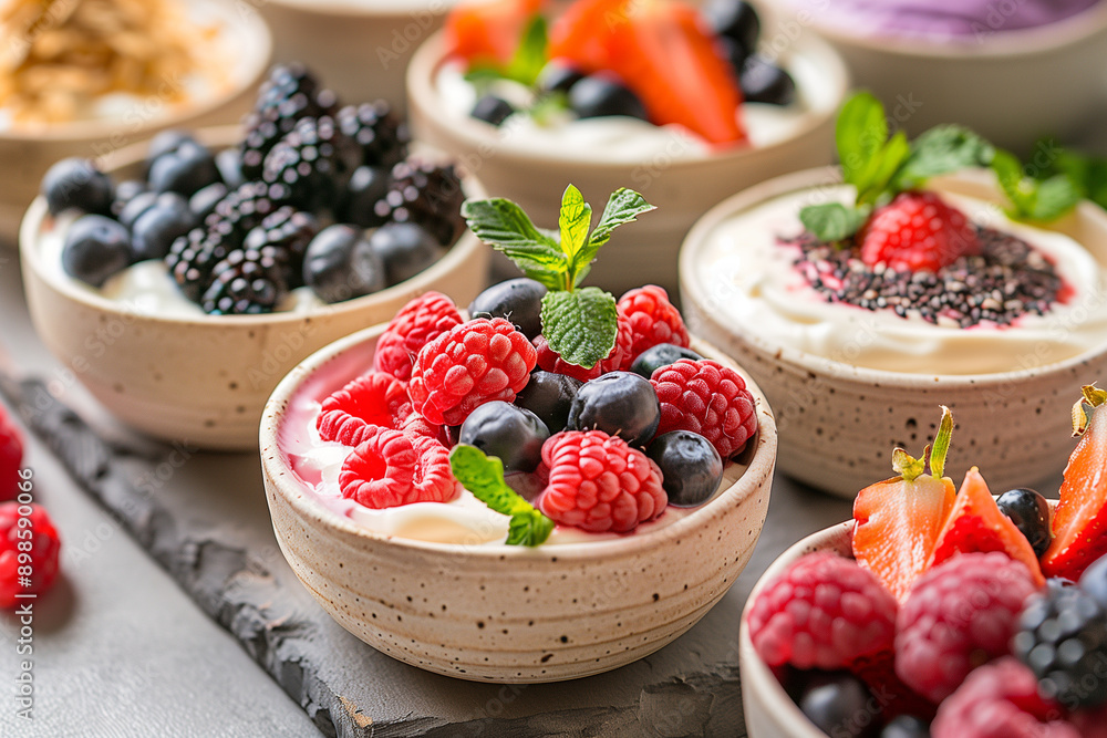 A bowl of fresh berries and yogurt breakfast A bowl of fresh berries and yogurt breakfast