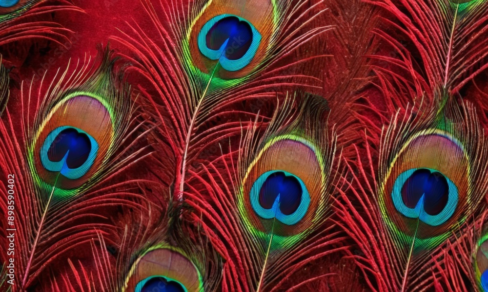 Fototapeta premium close-up view of a peacock feather, with its vibrant colors and intricate patterns.