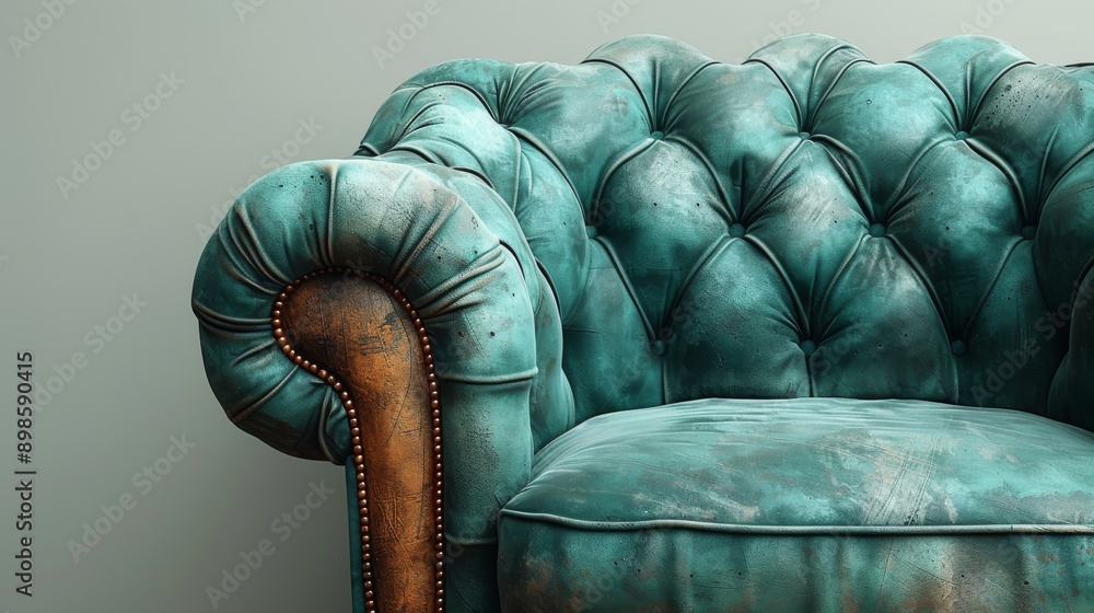 Obraz premium Luxurious vintage chesterfield sofa with teal blue leather upholstery and copper studs