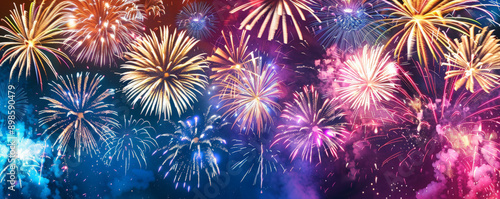 A grand finale of fireworks in a variety of colors, with the lower part of the scene kept dark for copy space.