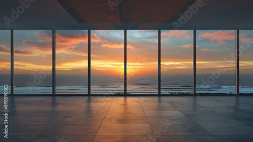 Floor-to-ceiling windows. Sunset ocean