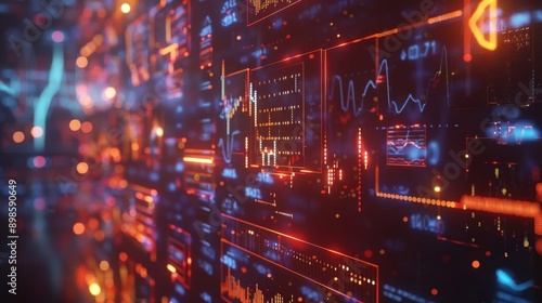 Abstract digital data and graphs in a futuristic display. Red and blue glowing lights create a dynamic and tech-focused background.