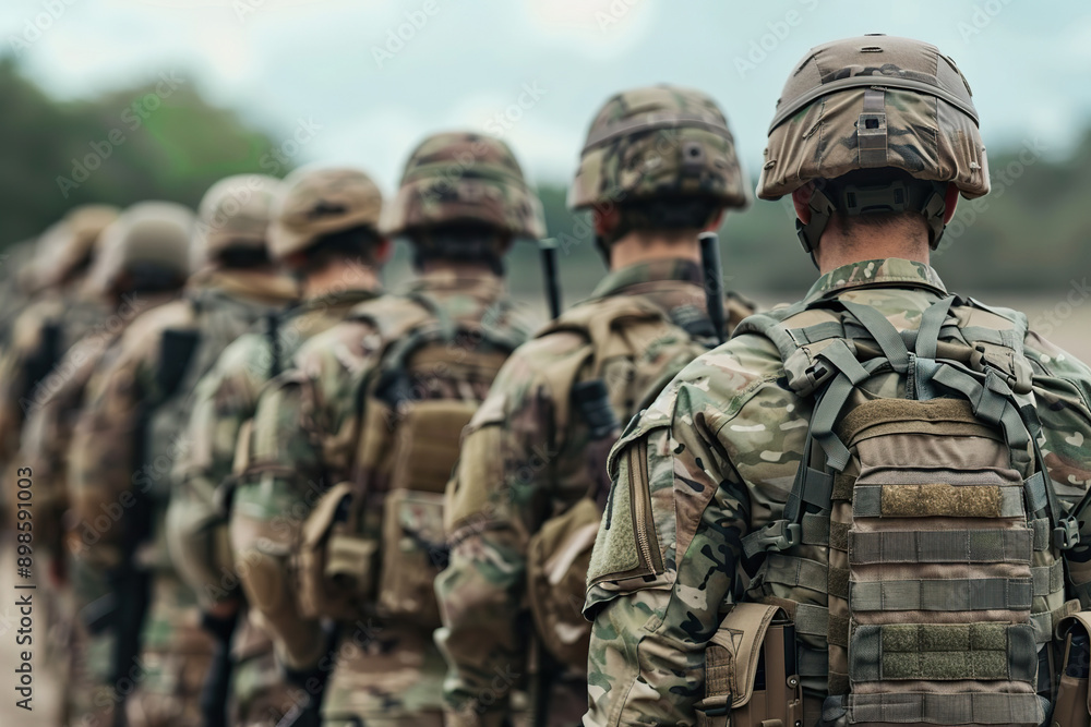 Fototapeta premium soldiers in military uniform, military training on nature 