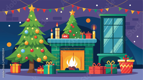 Stylishly decorated Christmas tree with fireplace interiors with a Christmas tree, lights and gifts under the tree.. Generative AI
