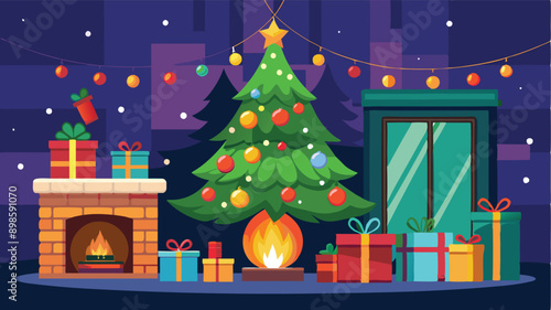 Stylishly decorated Christmas tree with fireplace interiors with a Christmas tree, lights and gifts under the tree.. Generative AI
