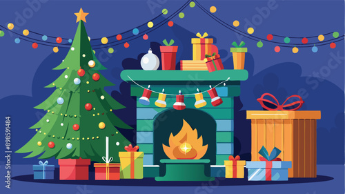 Stylishly decorated Christmas tree with fireplace interiors with a Christmas tree, lights and gifts under the tree.. Generative AI
