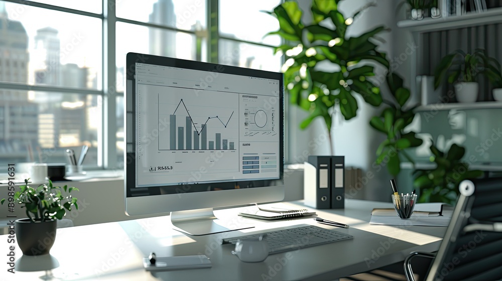Modern office space with a computer, business charts, and a plant, ready for administrative work Modern office space with a computer, business charts, and a plant, ready for administrative work