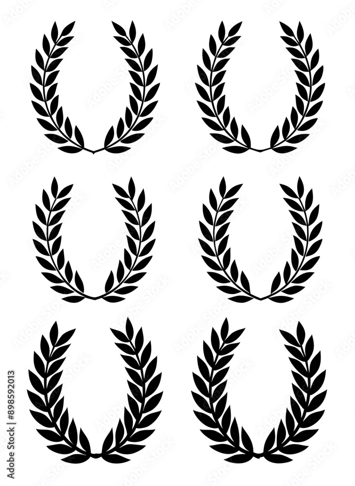 Set black silhouette circular laurel foliate, wheat and oak wreaths depicting an award, achievement, heraldry, nobility on white background. Emblem floral greek branch flat style. Set black silhouette circular laurel foliate, wheat and oak wreaths depicting an award, achievement, heraldry, nobility on white background. Emblem floral greek branch flat style.