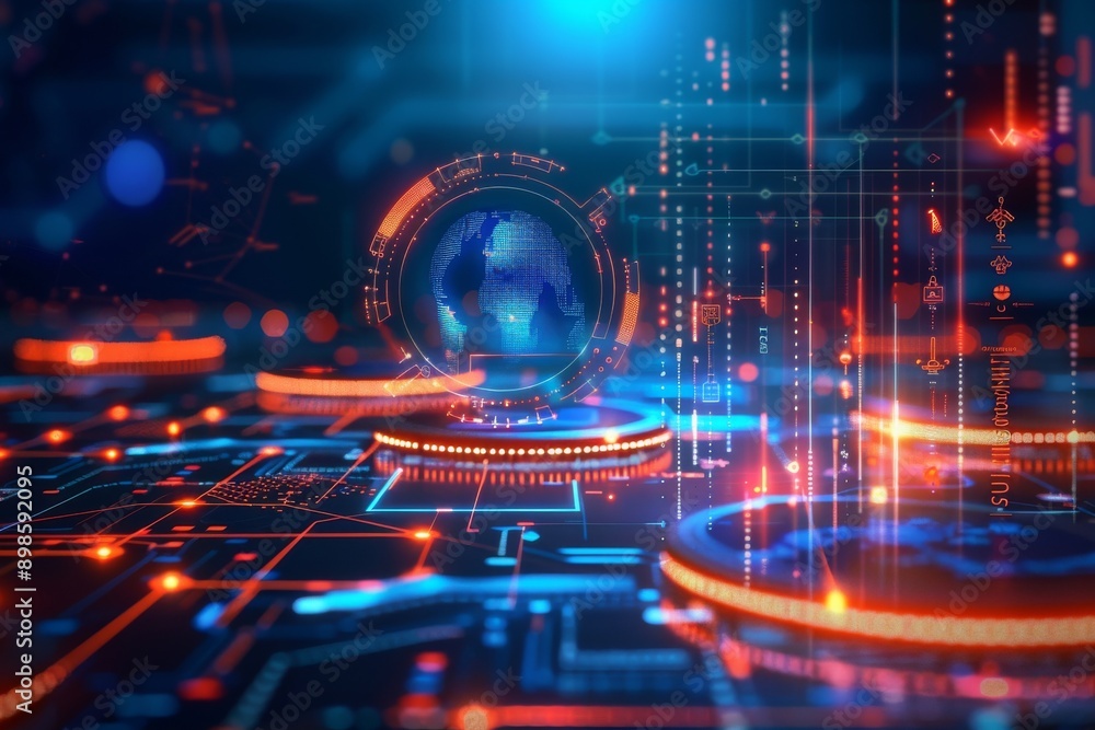 Fototapeta premium Abstract digital world with glowing circuit board and globe. Global network concept. Futuristic technology background.